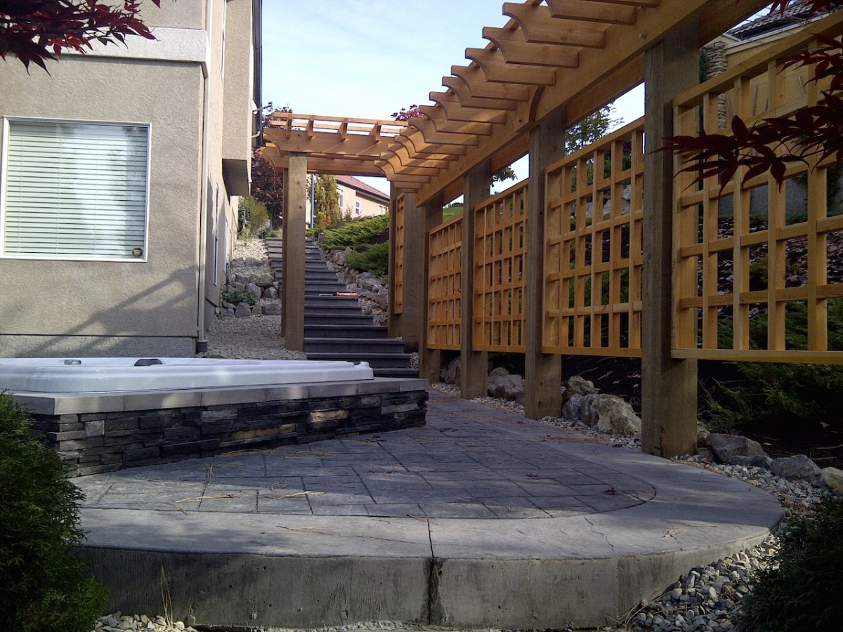 Stamped Concrete Patio with Pergola Fine Line Concrete